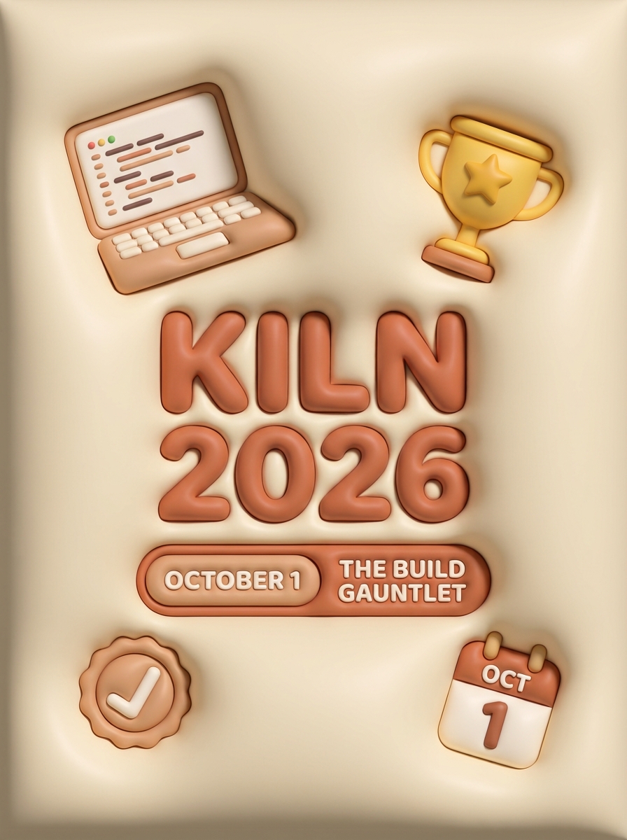 KILN '26 Event Poster - Oct 1 Virtual Build & Oct 15 Offline Finale